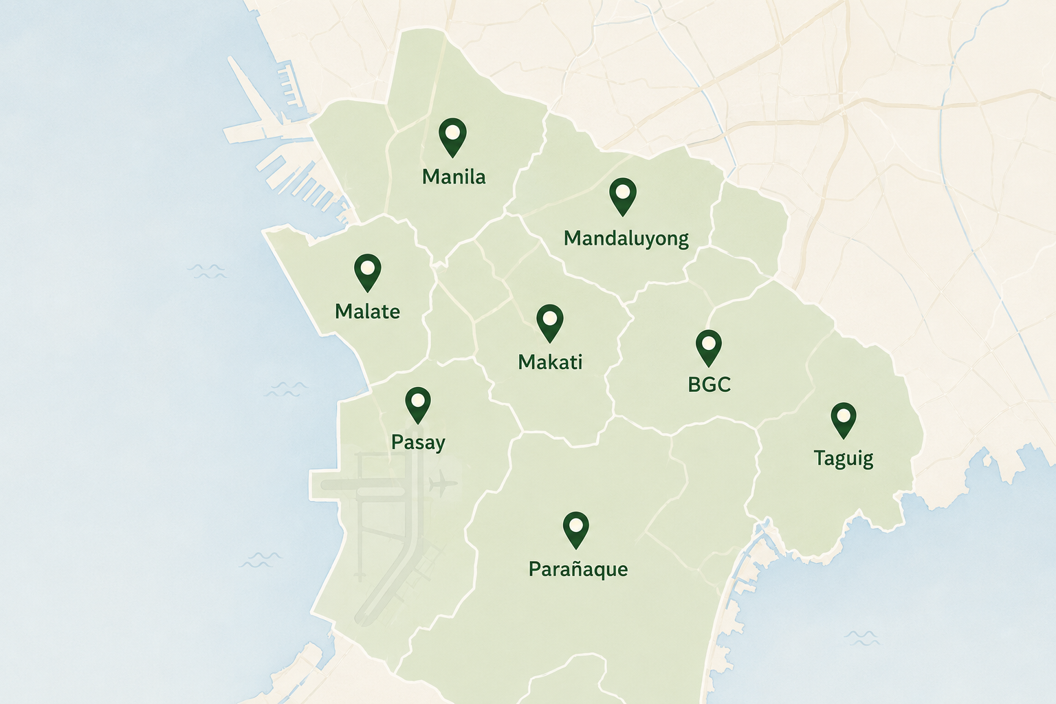 Map showing Manila Massage service coverage across Metro Manila